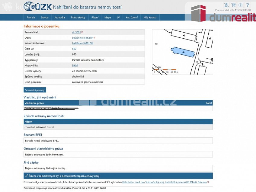 Prodej  stavebního pozemku 636 m^2 Luštěnice, Luštěnice 