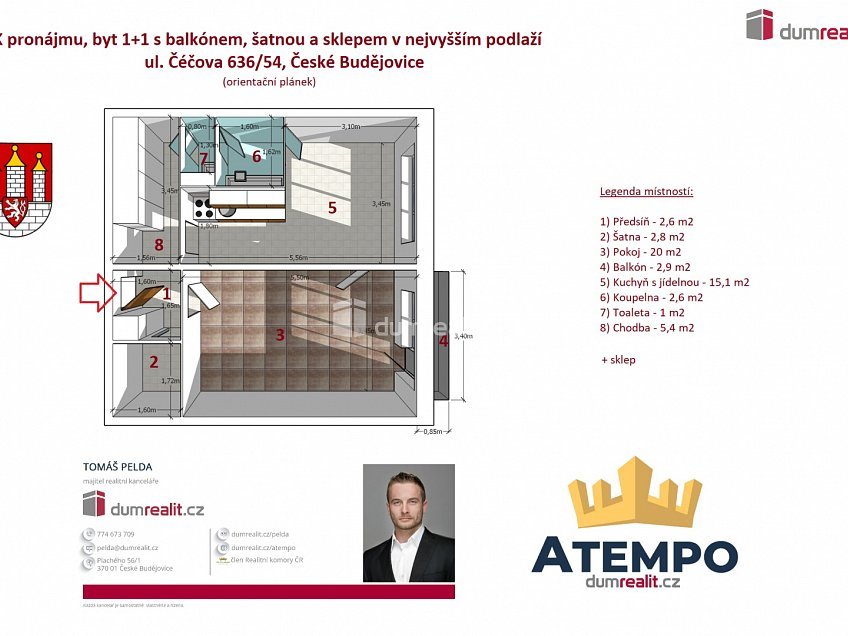 Pronájem bytu 1+1 52 m^2 Čéčova, České Budějovice 