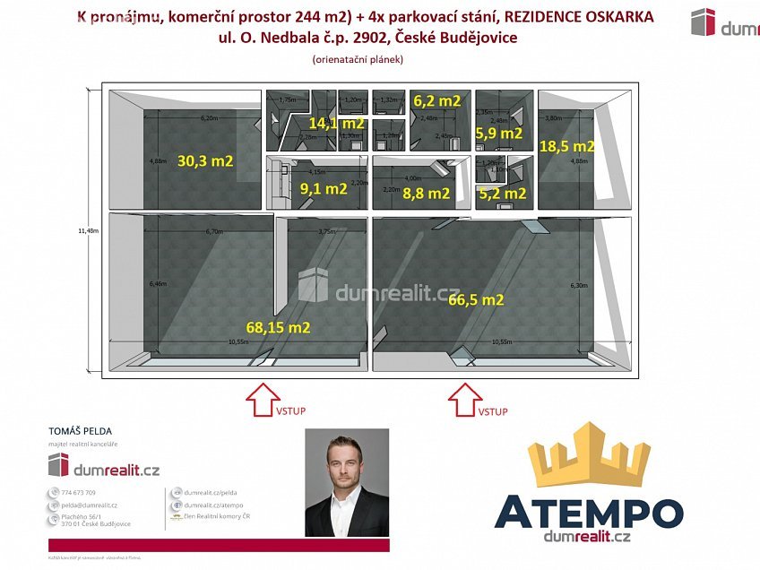 Pronájem  komerční reality 244 m^2 O. Nedbala, České Budějovice 