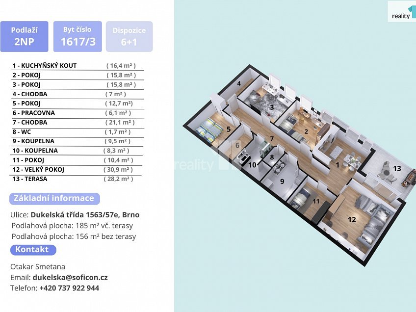 Pronájem bytu 5 a více 156 m^2 Dukelská třída, Brno 