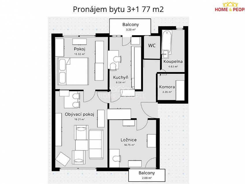 Pronájem bytu 3+1 77 m^2 E. Beneše, České Budějovice 