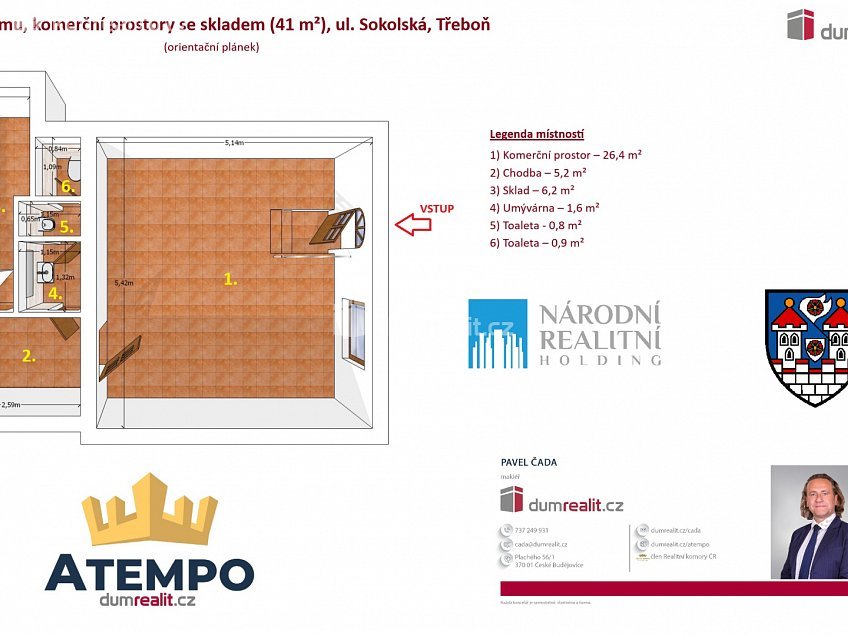Pronájem  obchodních prostor 41 m^2 Sokolská, Třeboň 