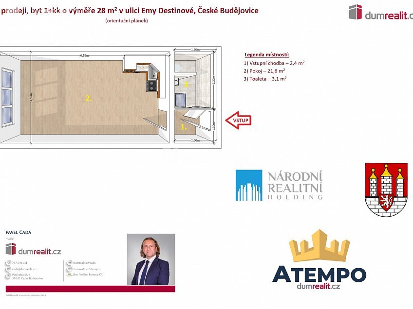 Prodej bytu 1+kk 28 m^2 Emy Destinové, České Budějovice 