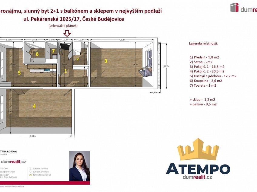 Pronájem bytu 2+1 64 m^2 Pekárenská, České Budějovice 
