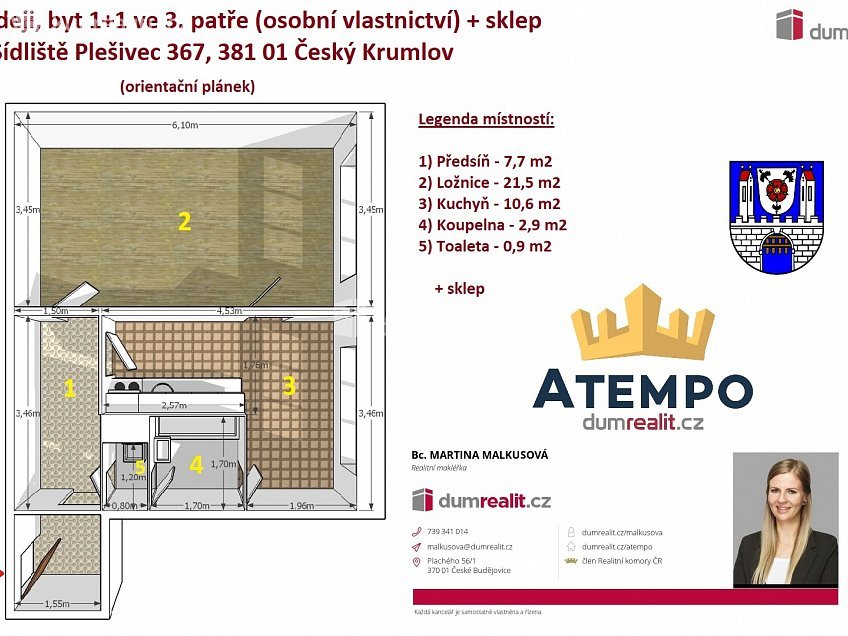 Prodej bytu 1+1 43 m^2 Sídliště Plešivec, Český Krumlov 