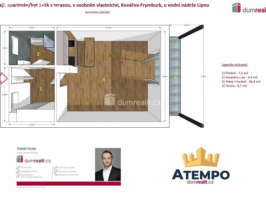 Prodej bytu 1+kk 47 m^2 Frymburk, Frymburk 