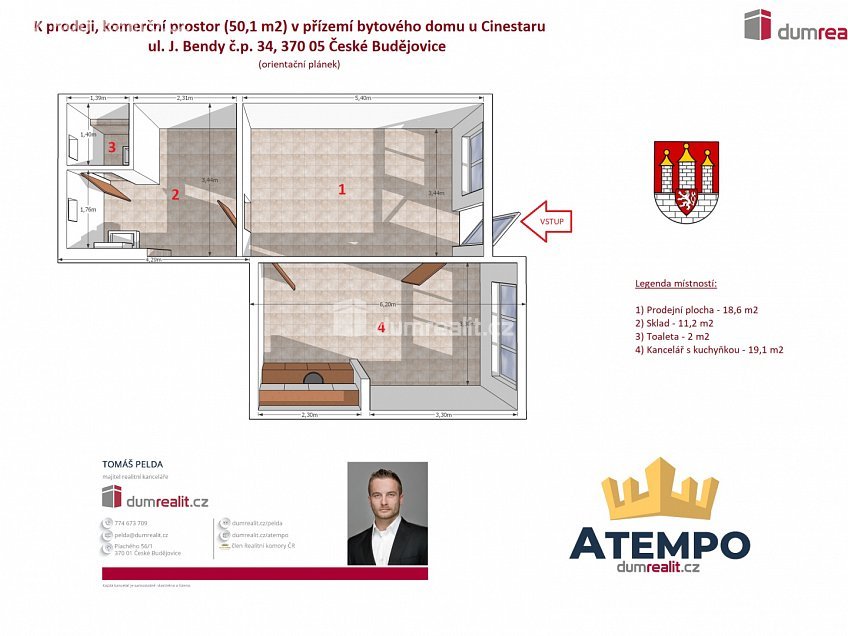 Prodej  obchodních prostor 50 m^2 J. Bendy, České Budějovice 