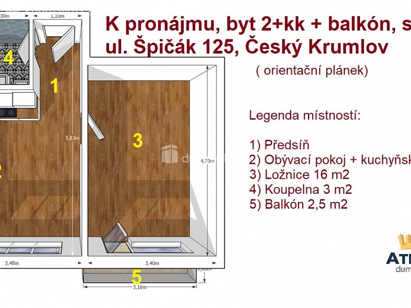 Pronájem bytu 2+kk 42 m^2 Špičák, Český Krumlov 