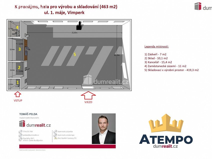 Pronájem  skladu 463 m^2 1. máje, Vimperk 