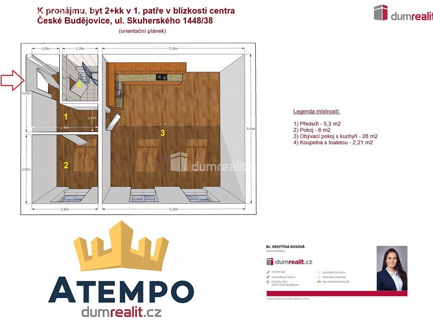 Pronájem bytu 2+kk 42 m^2 Skuherského, České Budějovice 