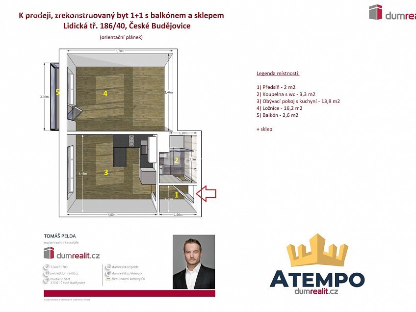 Prodej bytu 1+1 39 m^2 Lidická tř., České Budějovice 