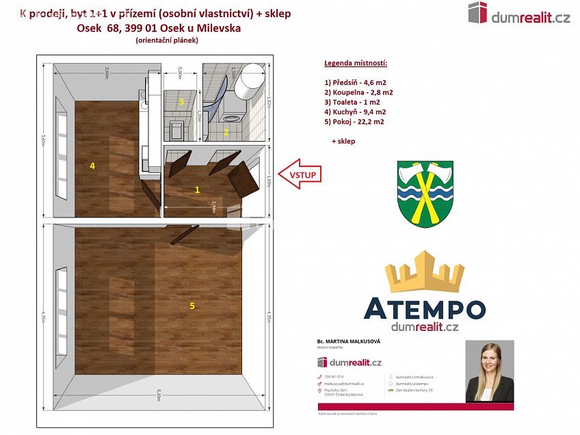 Prodej bytu 1+1 42 m^2 Osek, Osek 