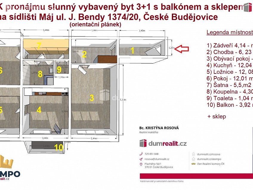 Pronájem bytu 3+1 79 m^2 J. Bendy, České Budějovice 