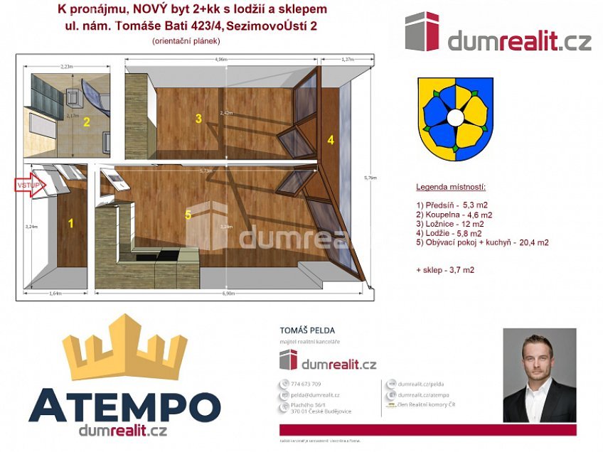 Pronájem bytu 2+kk 52 m^2 náměstí Tomáše Bati, Sezimovo Ústí 